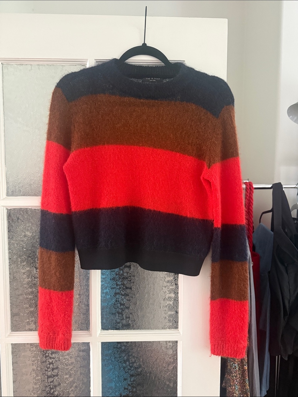 rag & bone Striped Crewneck Sweater in orange, Brown & navy blue